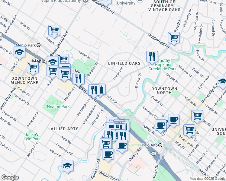 map of restaurants, bars, coffee shops, grocery stores, and more near 20 Willow Road in Menlo Park