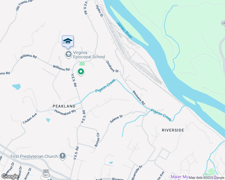 map of restaurants, bars, coffee shops, grocery stores, and more near 654 Buckner Drive in Lynchburg