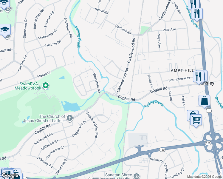 map of restaurants, bars, coffee shops, grocery stores, and more near 3101 Rolling Oaks Court in Richmond