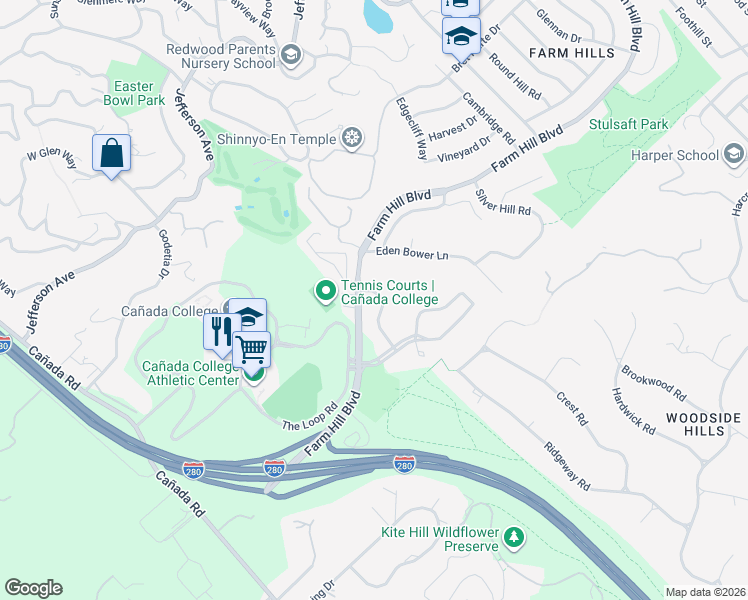 map of restaurants, bars, coffee shops, grocery stores, and more near 4 Woodleaf Avenue in Redwood City