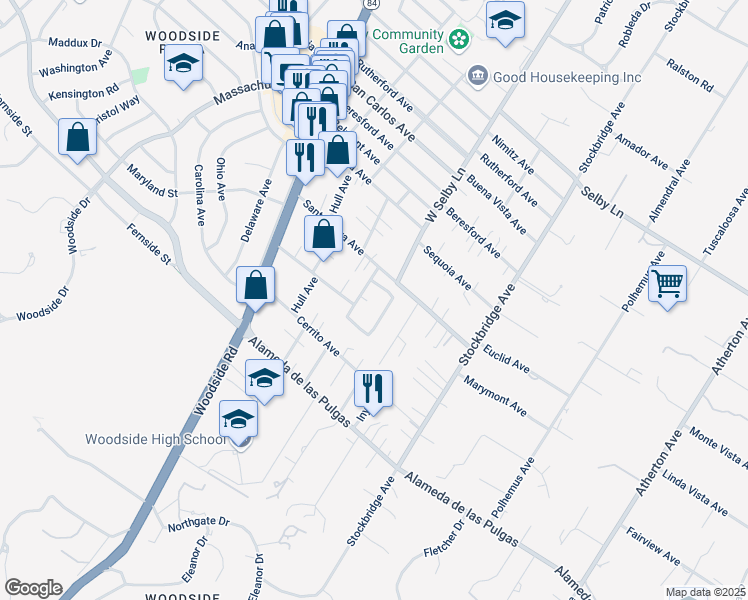 map of restaurants, bars, coffee shops, grocery stores, and more near 331 Idyllwild Court in Redwood City