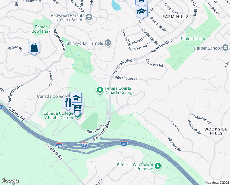 map of restaurants, bars, coffee shops, grocery stores, and more near 4 Woodleaf Avenue in Redwood City