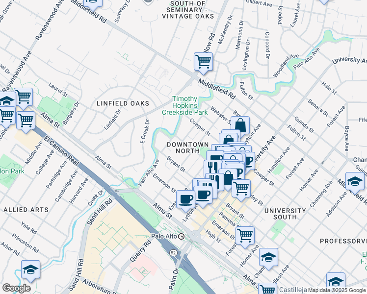 map of restaurants, bars, coffee shops, grocery stores, and more near 168 Waverley Street in Palo Alto