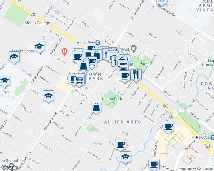map of restaurants, bars, coffee shops, grocery stores, and more near in Menlo Park