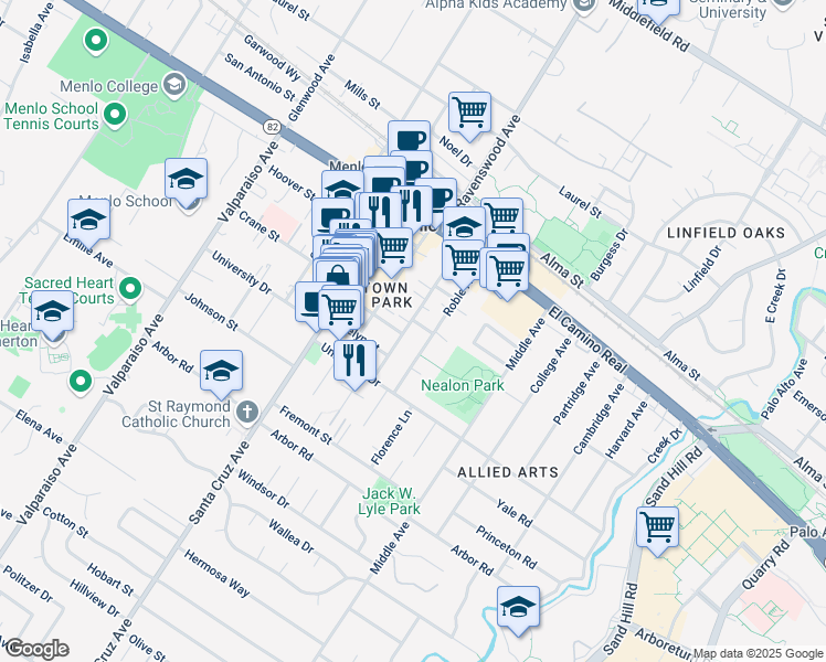 map of restaurants, bars, coffee shops, grocery stores, and more near 844 Roble Avenue in Menlo Park