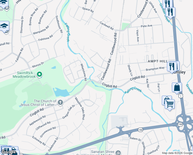 map of restaurants, bars, coffee shops, grocery stores, and more near 3101 Rolling Oaks Court in Richmond