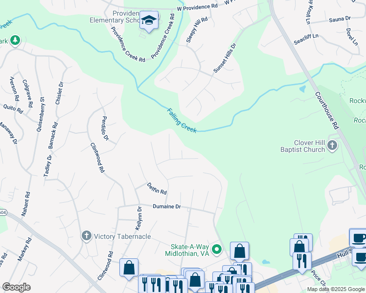 map of restaurants, bars, coffee shops, grocery stores, and more near 2701 Goby Court in Midlothian