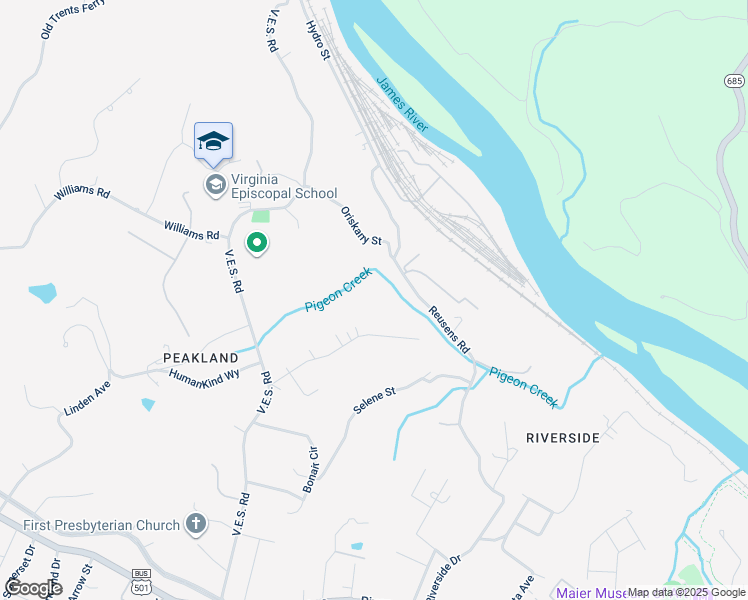 map of restaurants, bars, coffee shops, grocery stores, and more near 574 Buckner Drive in Lynchburg