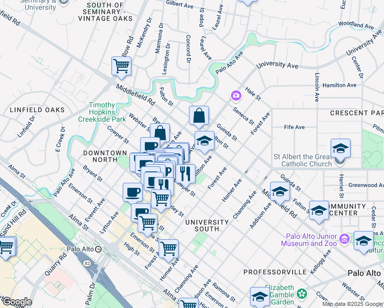map of restaurants, bars, coffee shops, grocery stores, and more near in Palo Alto