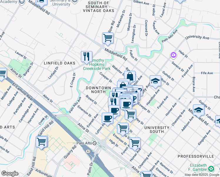 map of restaurants, bars, coffee shops, grocery stores, and more near 204 Cowper Street in Palo Alto