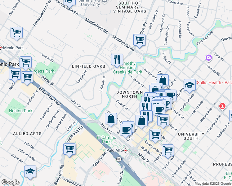 map of restaurants, bars, coffee shops, grocery stores, and more near 364 Poe Street in Palo Alto