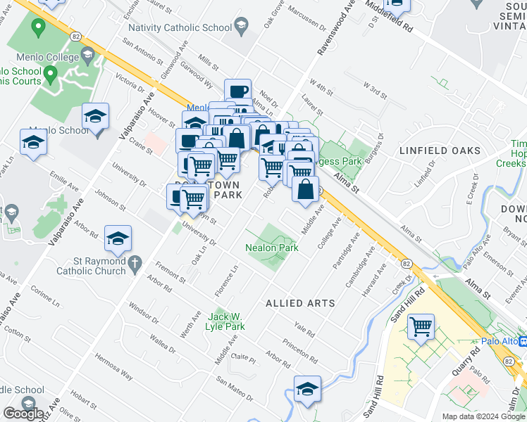 map of restaurants, bars, coffee shops, grocery stores, and more near 803 Curtis Street in Menlo Park