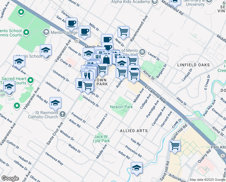 map of restaurants, bars, coffee shops, grocery stores, and more near 742 Live Oak Avenue in Menlo Park