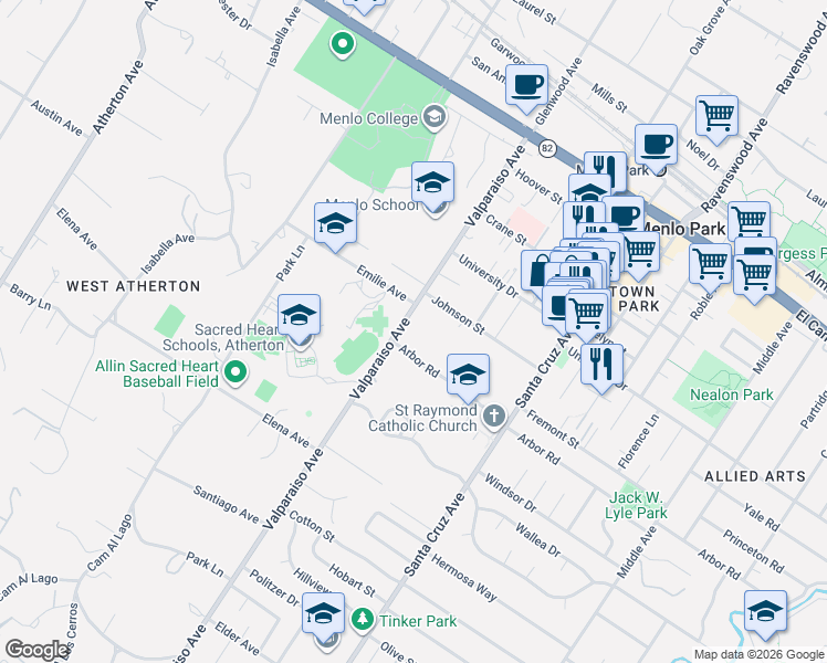 map of restaurants, bars, coffee shops, grocery stores, and more near 1001 Valparaiso Avenue in Menlo Park