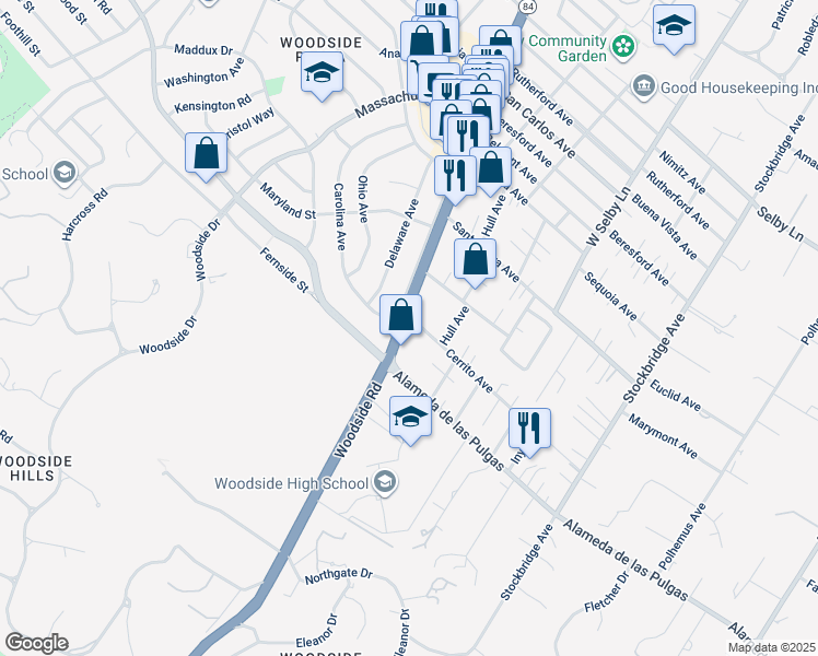 map of restaurants, bars, coffee shops, grocery stores, and more near 1963 Woodside Road in Redwood City