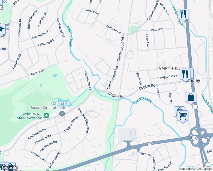 map of restaurants, bars, coffee shops, grocery stores, and more near 3205 Shady Creek Road in Richmond