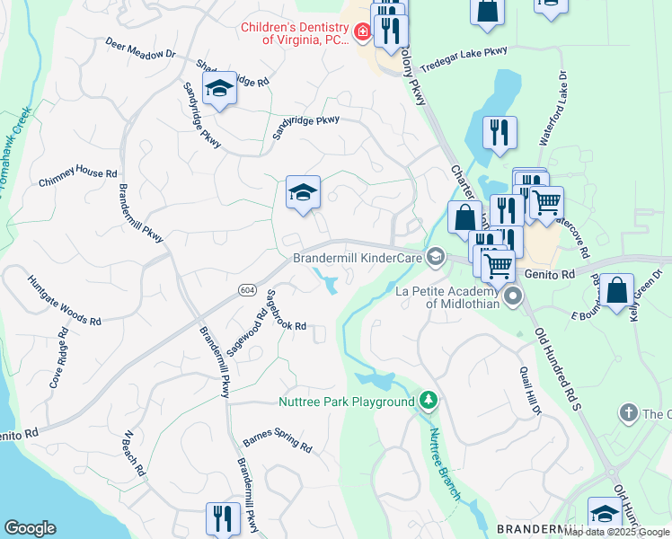map of restaurants, bars, coffee shops, grocery stores, and more near 2886 Woodbridge Crossing Court in Midlothian