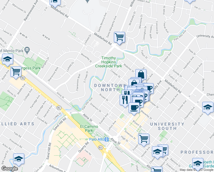 map of restaurants, bars, coffee shops, grocery stores, and more near 164 Waverley Street in Palo Alto