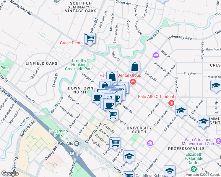 map of restaurants, bars, coffee shops, grocery stores, and more near 539 Lytton Avenue in Palo Alto