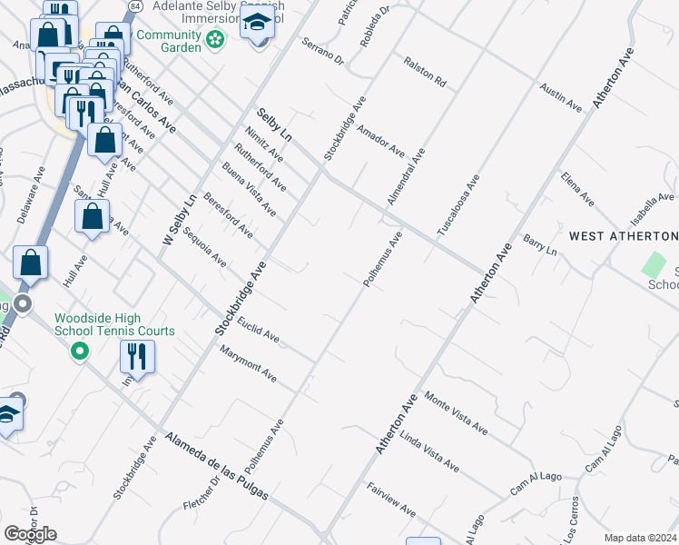 map of restaurants, bars, coffee shops, grocery stores, and more near 9 Betty Lane in Atherton