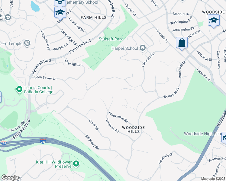 map of restaurants, bars, coffee shops, grocery stores, and more near 250 Hardwick Road in Woodside