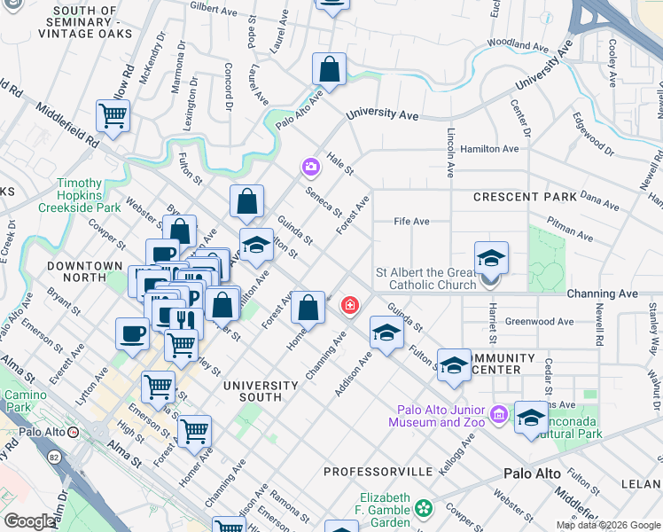 map of restaurants, bars, coffee shops, grocery stores, and more near 734 Guinda Street in Palo Alto