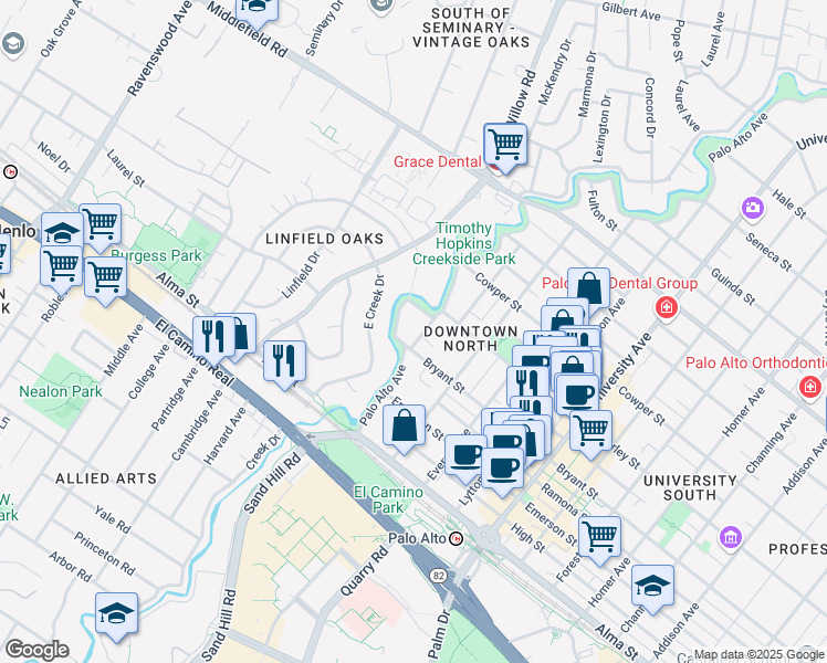 map of restaurants, bars, coffee shops, grocery stores, and more near 313 Poe Street in Palo Alto