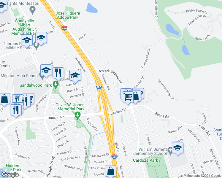 map of restaurants, bars, coffee shops, grocery stores, and more near 1050 Nicklaus Avenue in Milpitas