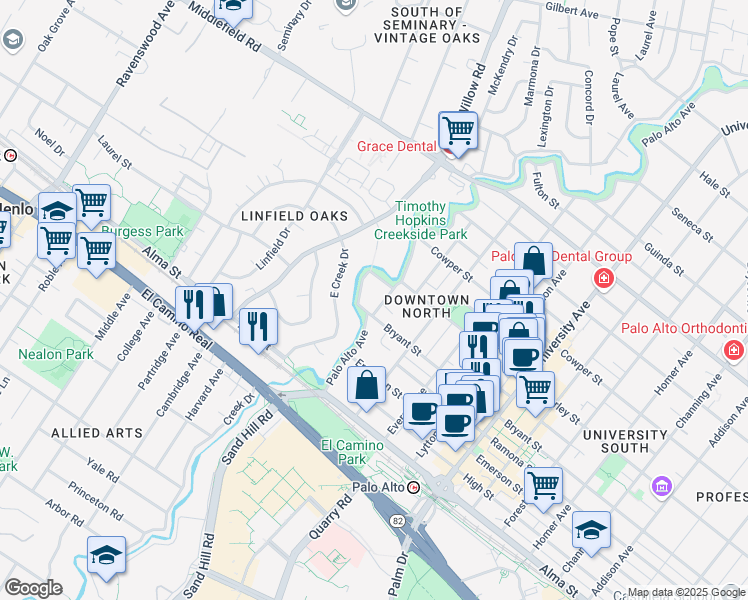 map of restaurants, bars, coffee shops, grocery stores, and more near 313 Poe Street in Palo Alto