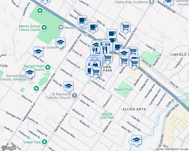 map of restaurants, bars, coffee shops, grocery stores, and more near 860 Santa Cruz Avenue in Menlo Park