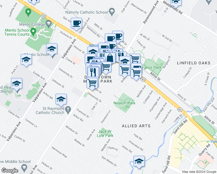 map of restaurants, bars, coffee shops, grocery stores, and more near 772 Live Oak Avenue in Menlo Park