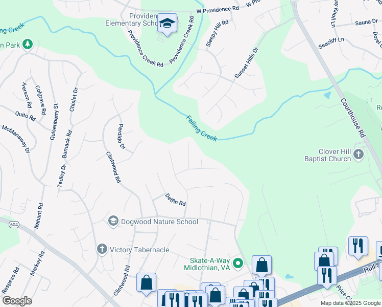 map of restaurants, bars, coffee shops, grocery stores, and more near 2711 Puckett Court in Midlothian