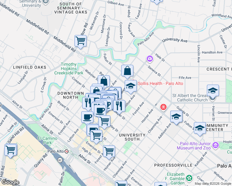 map of restaurants, bars, coffee shops, grocery stores, and more near 630 Lytton Avenue in Palo Alto