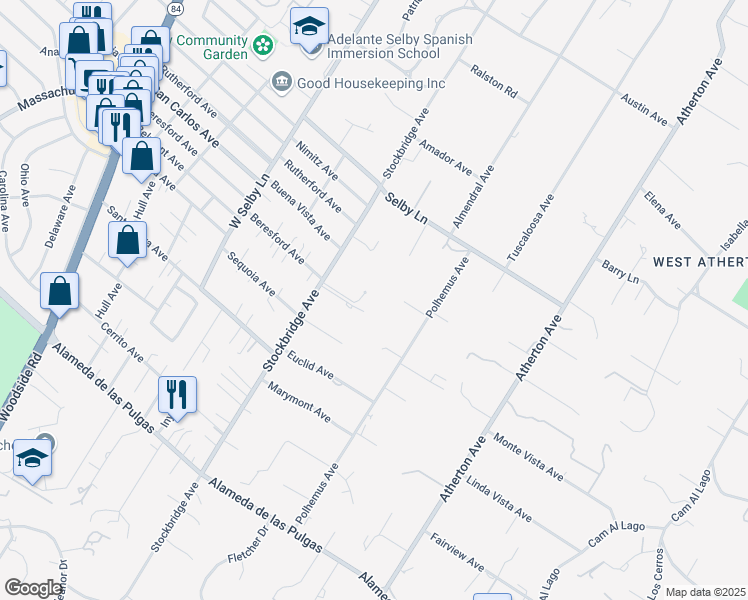 map of restaurants, bars, coffee shops, grocery stores, and more near 9 Betty Lane in Atherton
