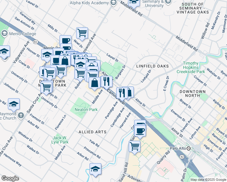 map of restaurants, bars, coffee shops, grocery stores, and more near 444 El Camino Real in Menlo Park