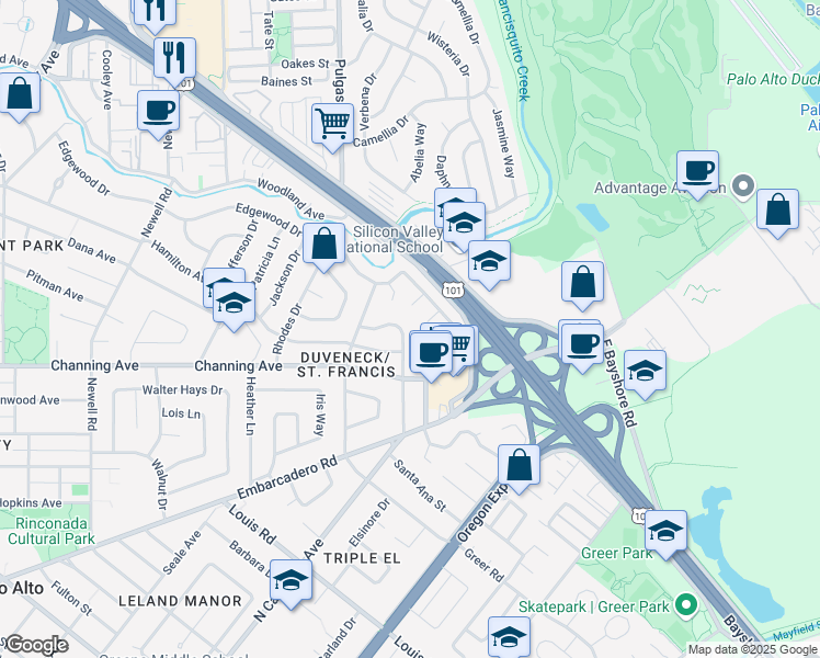 map of restaurants, bars, coffee shops, grocery stores, and more near 657 Wildwood Lane in Palo Alto