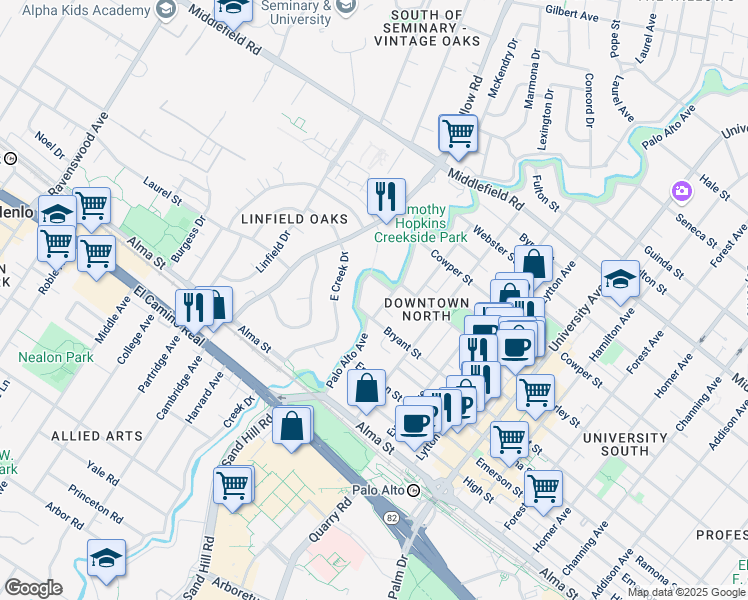 map of restaurants, bars, coffee shops, grocery stores, and more near 317 Poe Street in Palo Alto