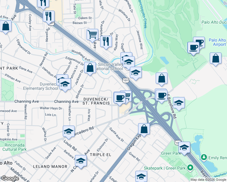 map of restaurants, bars, coffee shops, grocery stores, and more near 657 Wildwood Lane in Palo Alto