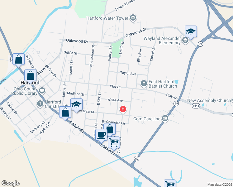 map of restaurants, bars, coffee shops, grocery stores, and more near 1118 Clay Street in Hartford