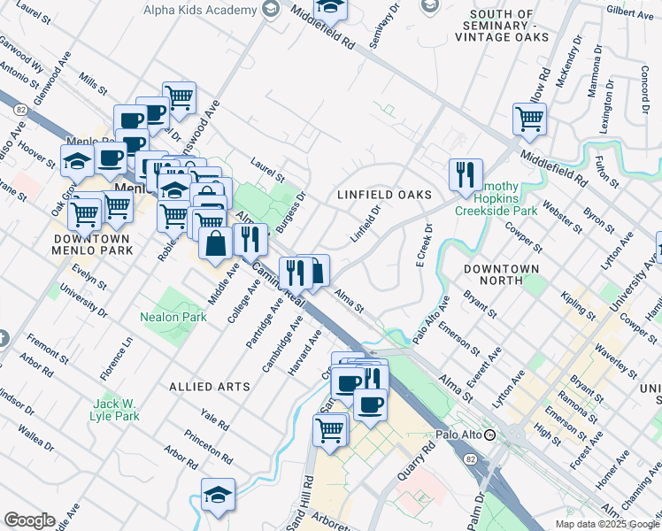 map of restaurants, bars, coffee shops, grocery stores, and more near 21 Willow Road in Menlo Park