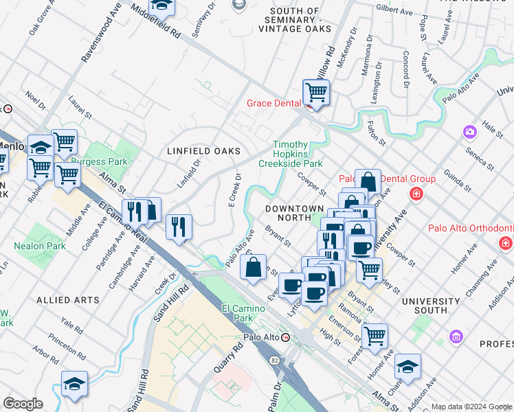 map of restaurants, bars, coffee shops, grocery stores, and more near 317 Poe Street in Palo Alto