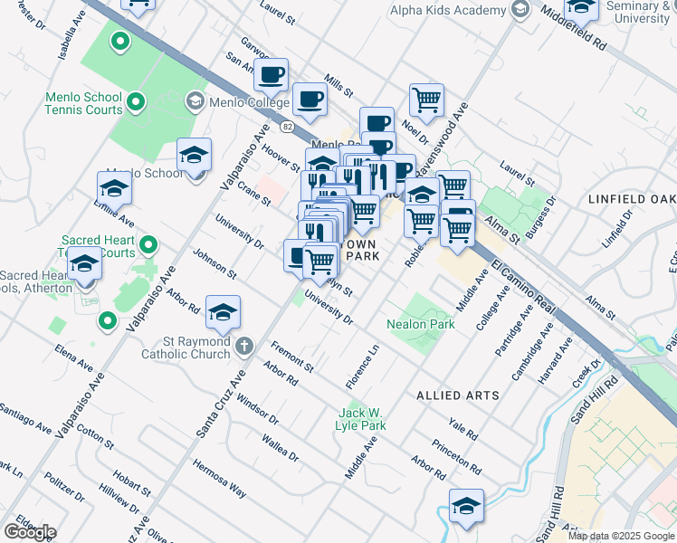 map of restaurants, bars, coffee shops, grocery stores, and more near in Menlo Park