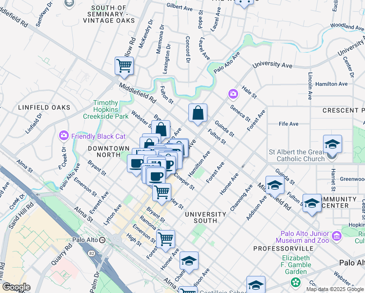 map of restaurants, bars, coffee shops, grocery stores, and more near 630 Lytton Avenue in Palo Alto