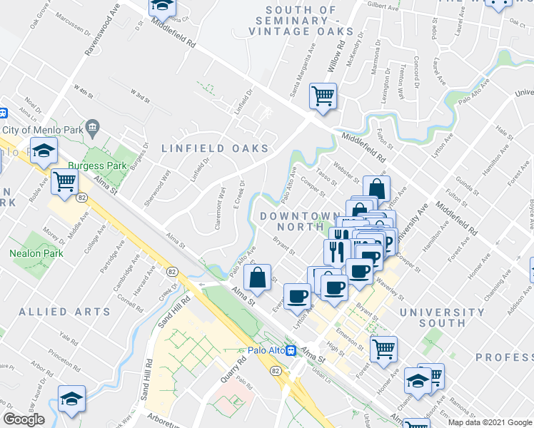 map of restaurants, bars, coffee shops, grocery stores, and more near 364 Poe Street in Palo Alto