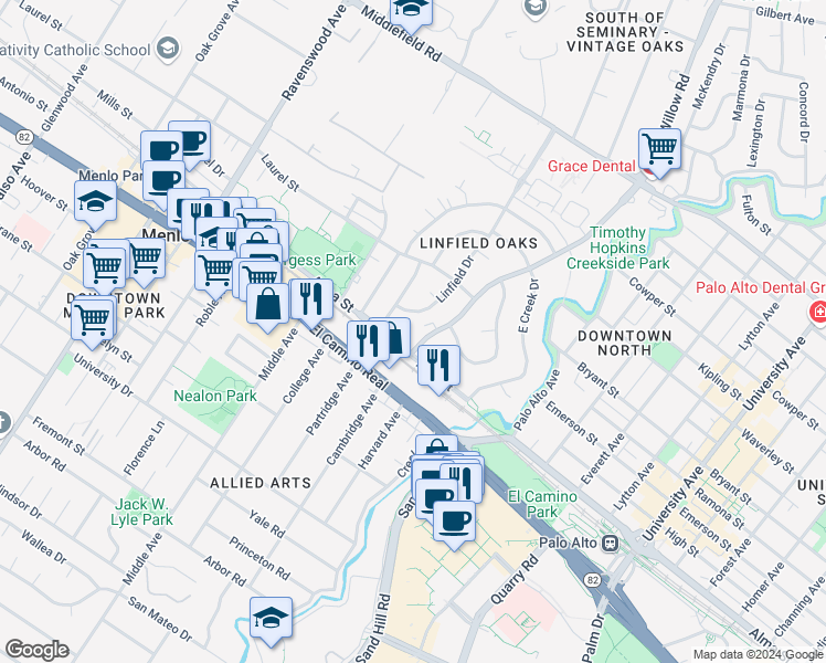 map of restaurants, bars, coffee shops, grocery stores, and more near 471 Sherwood Way in Menlo Park