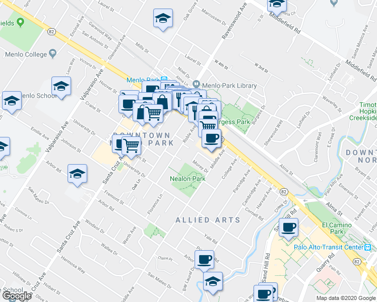 map of restaurants, bars, coffee shops, grocery stores, and more near 803 Curtis Street in Menlo Park