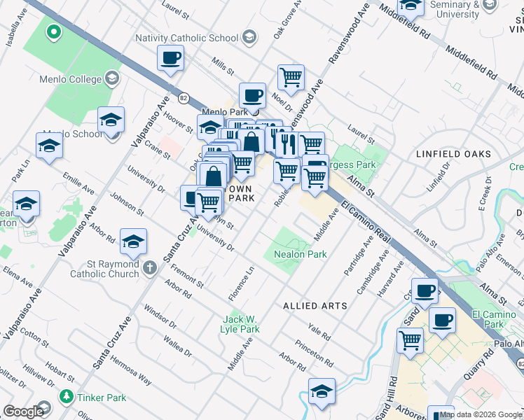 map of restaurants, bars, coffee shops, grocery stores, and more near 742 Live Oak Avenue in Menlo Park