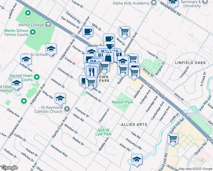 map of restaurants, bars, coffee shops, grocery stores, and more near 742 Live Oak Avenue in Menlo Park