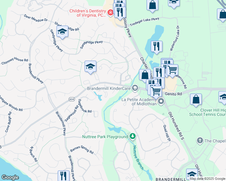 map of restaurants, bars, coffee shops, grocery stores, and more near 13825 Woodbridge Crossing Way in Midlothian
