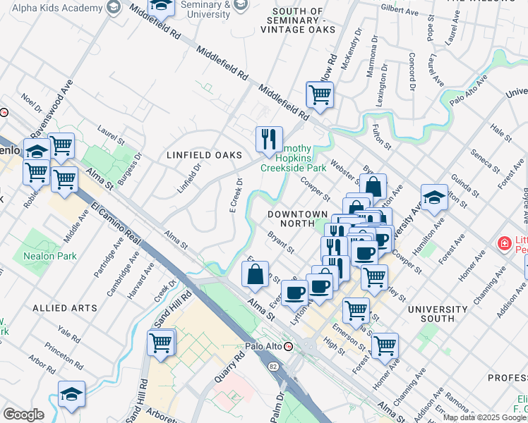 map of restaurants, bars, coffee shops, grocery stores, and more near 331 Poe Street in Palo Alto